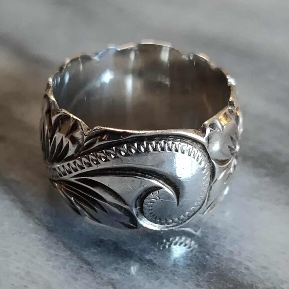 Sterling Silver 925 Plumeria Flower Scroll Band Ring Sz 7 - Picture 3 of 12